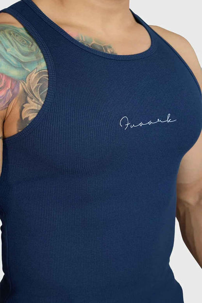 Fuaark Nz ribbed navy tank top displayed on a hanger, showcasing its fitted sleeveless design and soft fabric for everyday wear.