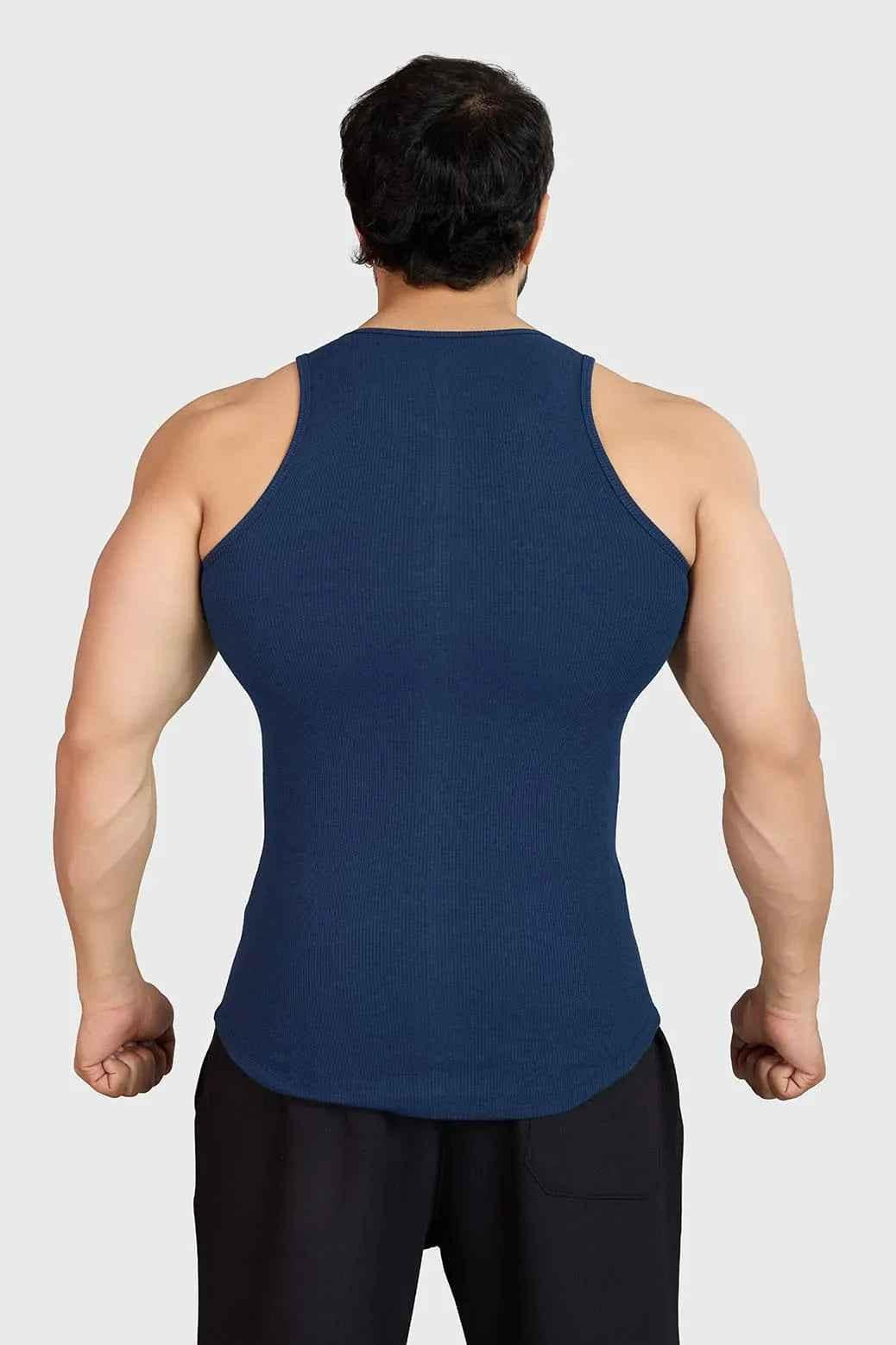 Ribbed navy tank top by Fuaark NZ, sleeveless and fitted, perfect for casual or layered summer outfits.