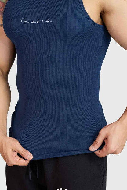 Ribbed navy tank top by Fuaark Nz, close-up of fitted sleeveless top with textured fabric for casual style.