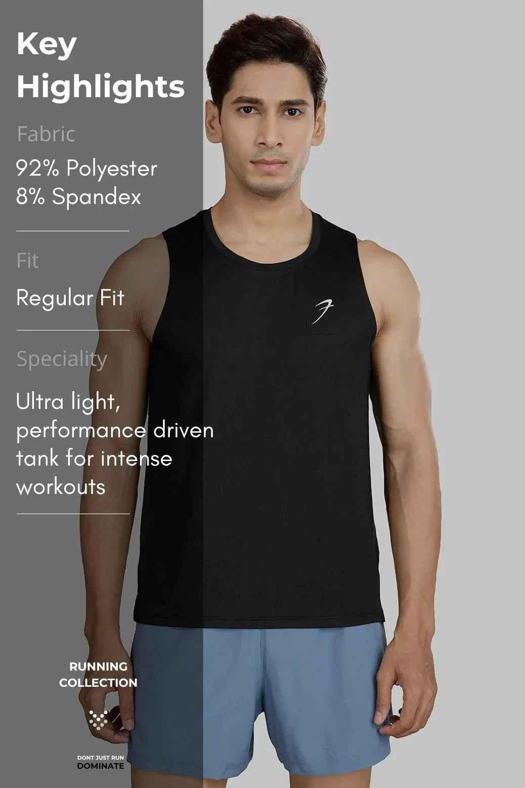 Black Ember Running Tank Top by Fuaark NZ, lightweight athletic sleeveless shirt with breathable fabric for active wear