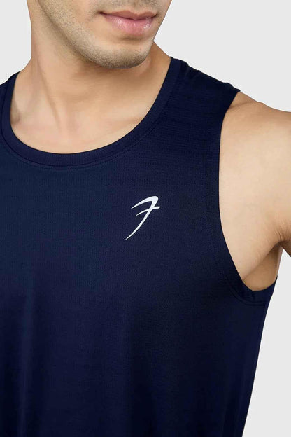 Navy Ember Running Tank Top by Fuaark NZ, sleeveless athletic tank top with logo detail, suitable for running and workouts.