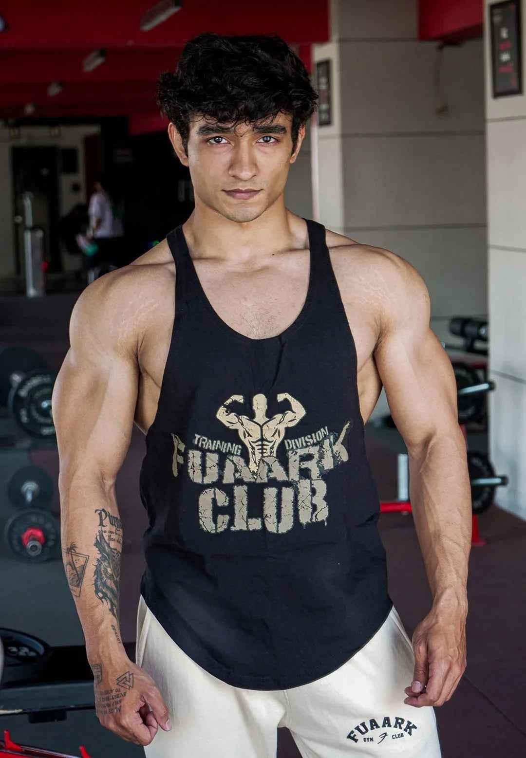 Black Fuaark Club Stringer tank top by Fuaark NZ, featuring a fitted design and sleeveless style, shown on a mannequin.