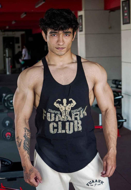 Black Fuaark Club Stringer tank top by Fuaark NZ, featuring a fitted design and sleeveless style, shown on a mannequin.