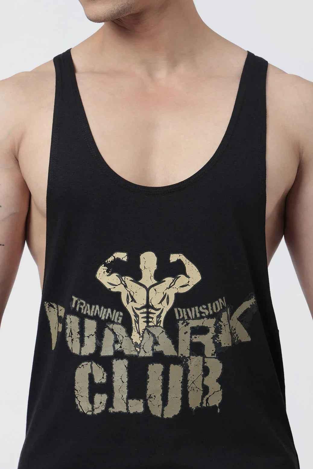 Black Fuaark Club Stringer tank top by Fuaark Nz, featuring a slim fit design and sleeveless style for active wear.
