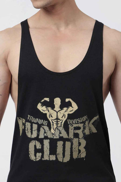 Black Fuaark Club Stringer tank top by Fuaark Nz, featuring a slim fit design and sleeveless style for active wear.
