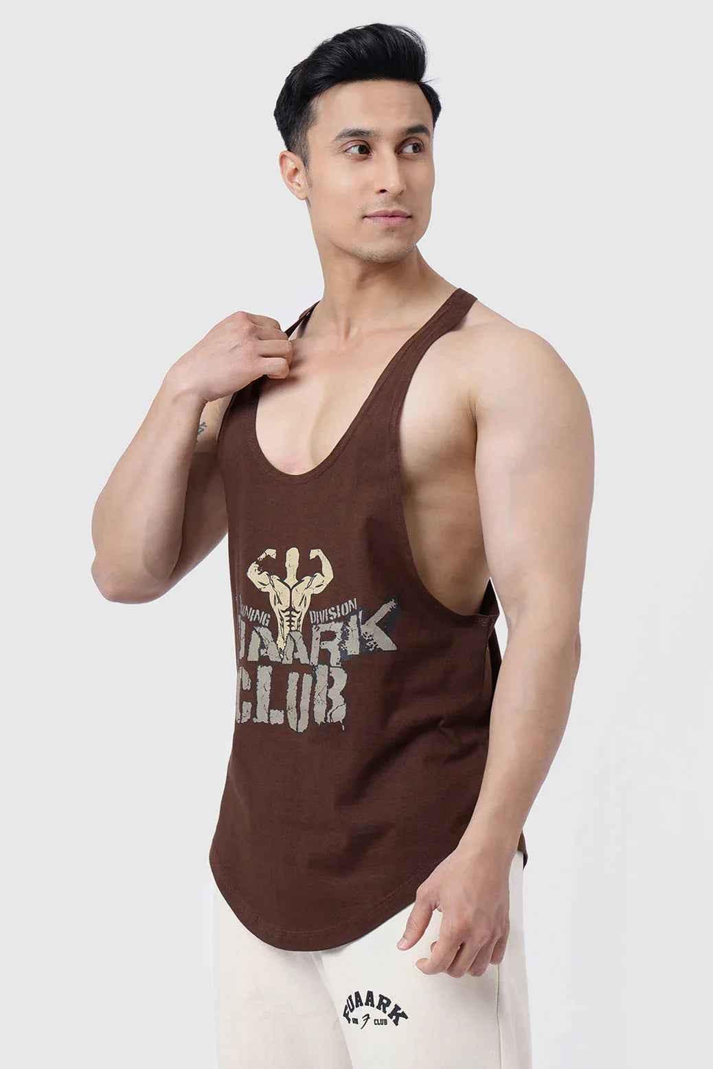 Fuaark NZ Club Stringer Coffee tank top, athletic sleeveless shirt with Fuaark branding, black color, designed for active wear