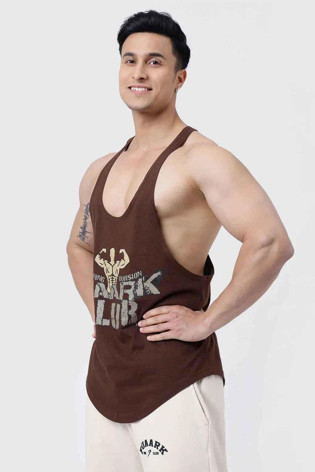 Fuaark NZ Club Stringer Coffee tank top, sleeveless fitness shirt with Fuaark branding, casual athletic style.