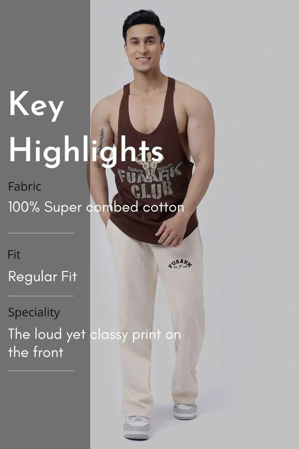 Fuaark NZ Club Stringer Coffee tank top, sleeveless athletic shirt with Fuaark branding, in coffee brown color.