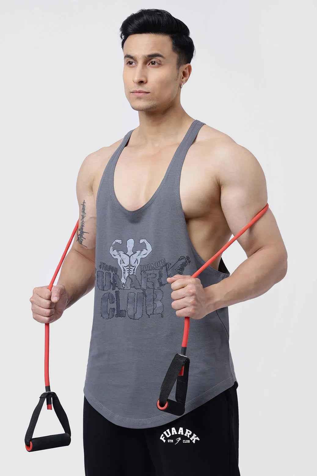 Fuaark Nz grey Club Stringer Tank Top for men, designed for performance and athletic training.