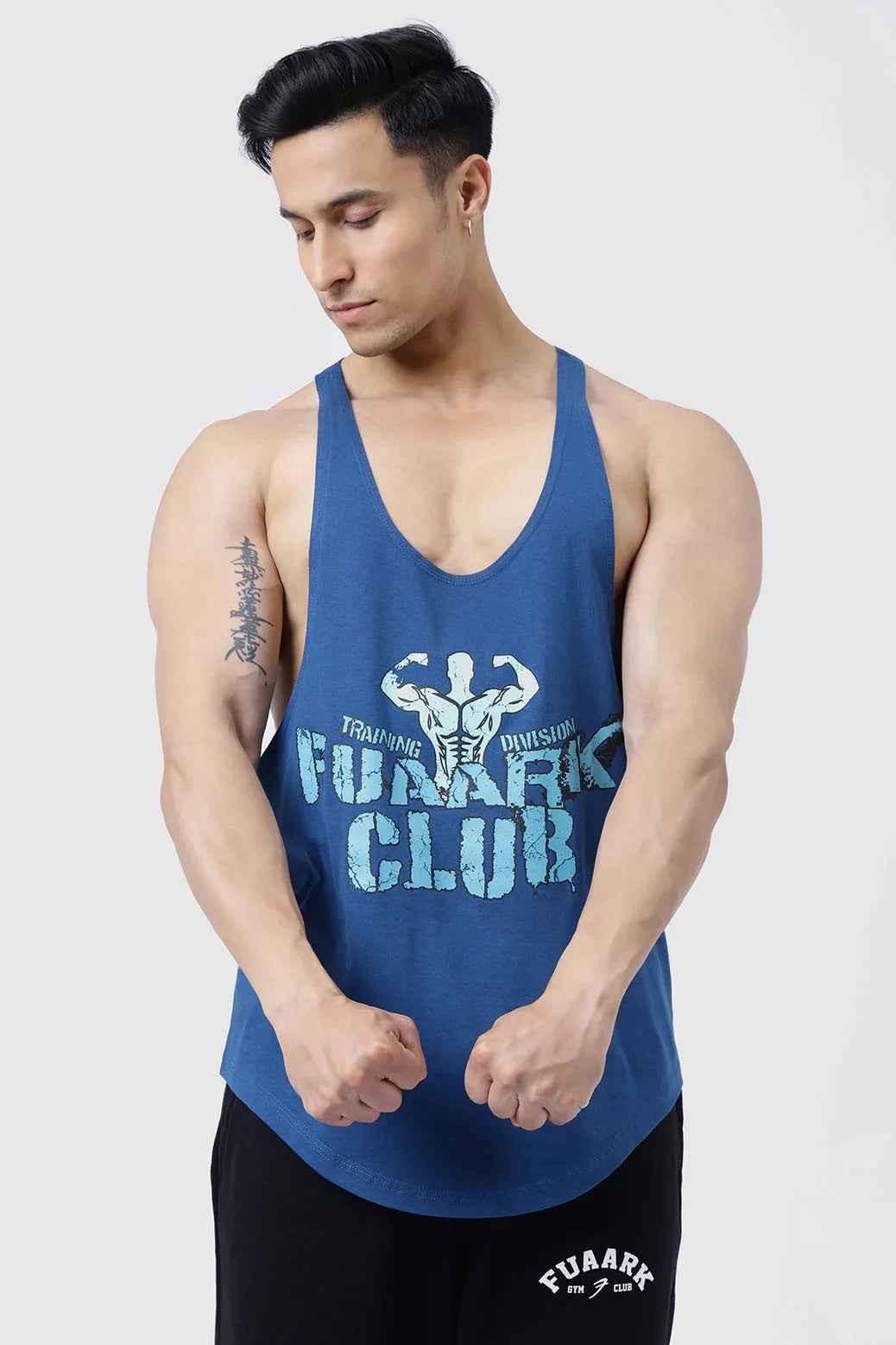 Fuaark Nz teal Club Stringer tank top for men, sleeveless athletic wear with fitted design and branded logo.