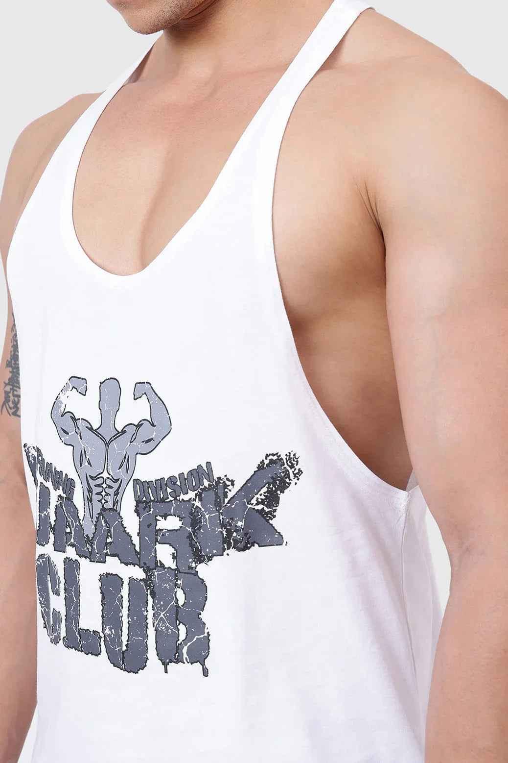 White Fuaark Club Stringer tank top by Fuaark NZ, a premium sleeveless performance top for athletes and fitness enthusiasts.