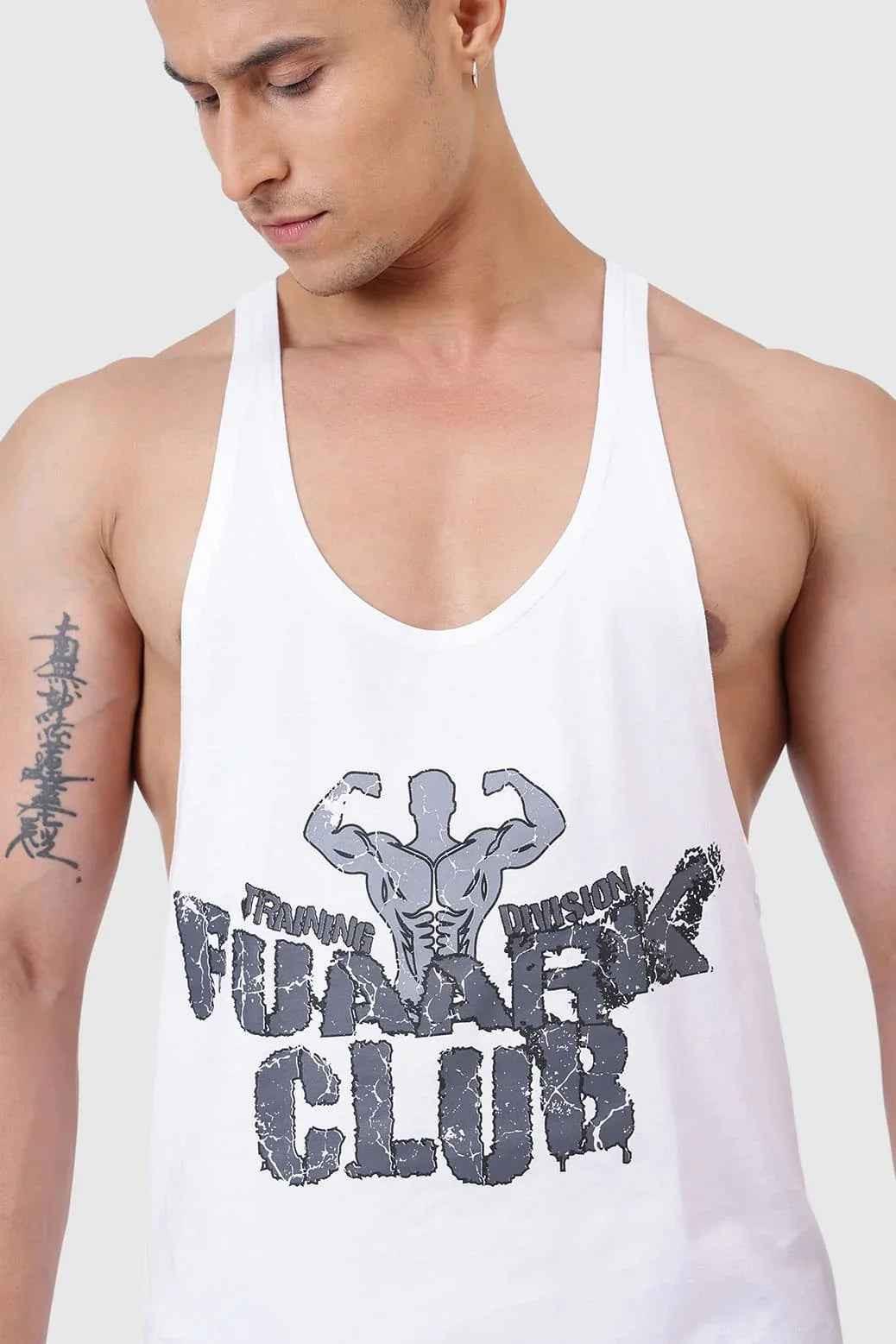 White Fuaark Nz Club Stringer tank top, premium performance workout top designed for comfort and durability.