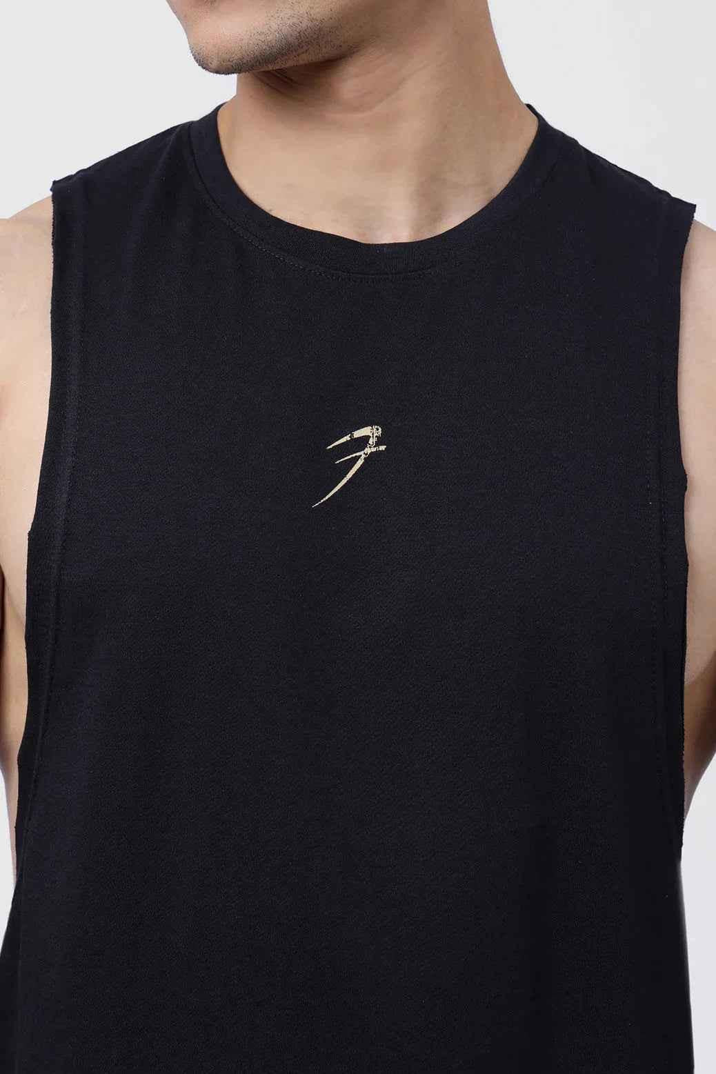 Fuaark Nz Drift Black Deep Cut Muscle Tank top with deep armholes and moisture-wicking fabric for active wear.