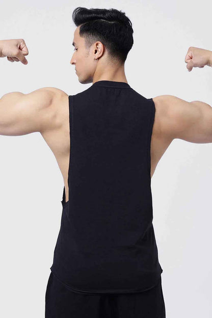 Fuaark Nz Drift Black Deep Cut Muscle Tank with deep armholes and moisture-wicking fabric, designed for active wear.