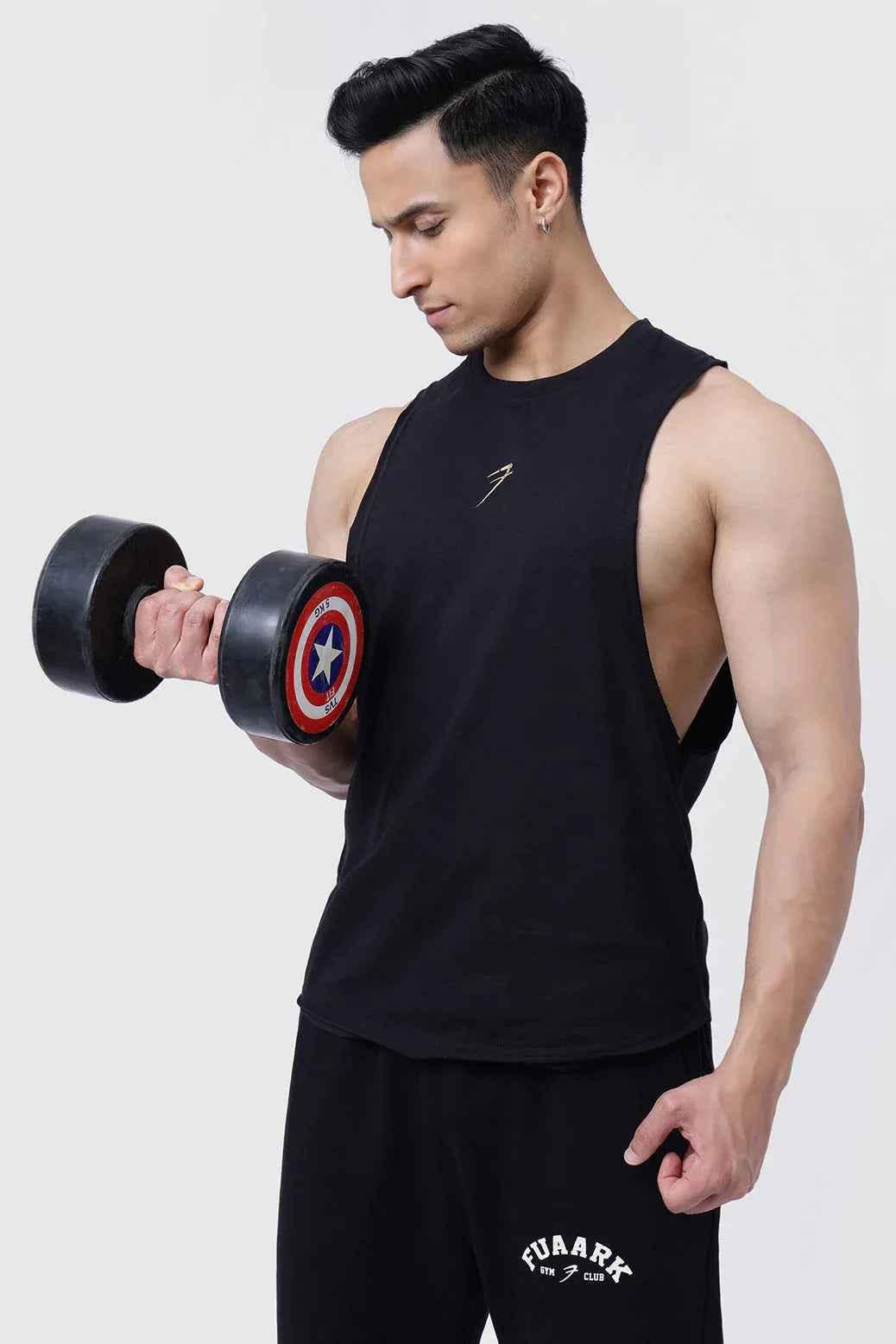 Fuaark Nz Drift Black Deep Cut Muscle Tank top with deep armholes and moisture-wicking fabric for athletic performance.