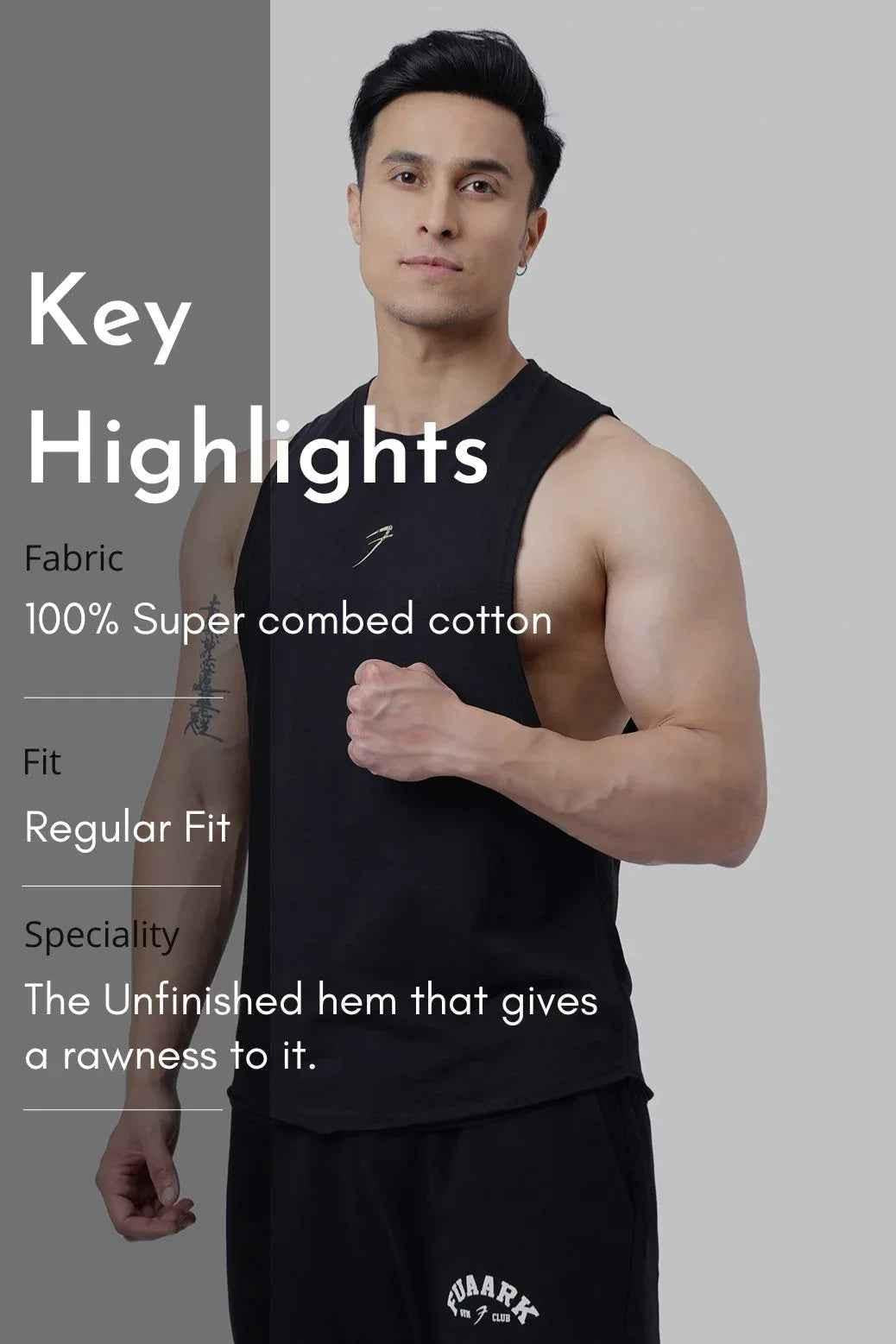 Fuaark Nz Drift Black Deep Cut Muscle Tank top with deep armholes and moisture-wicking fabric for active wear.
