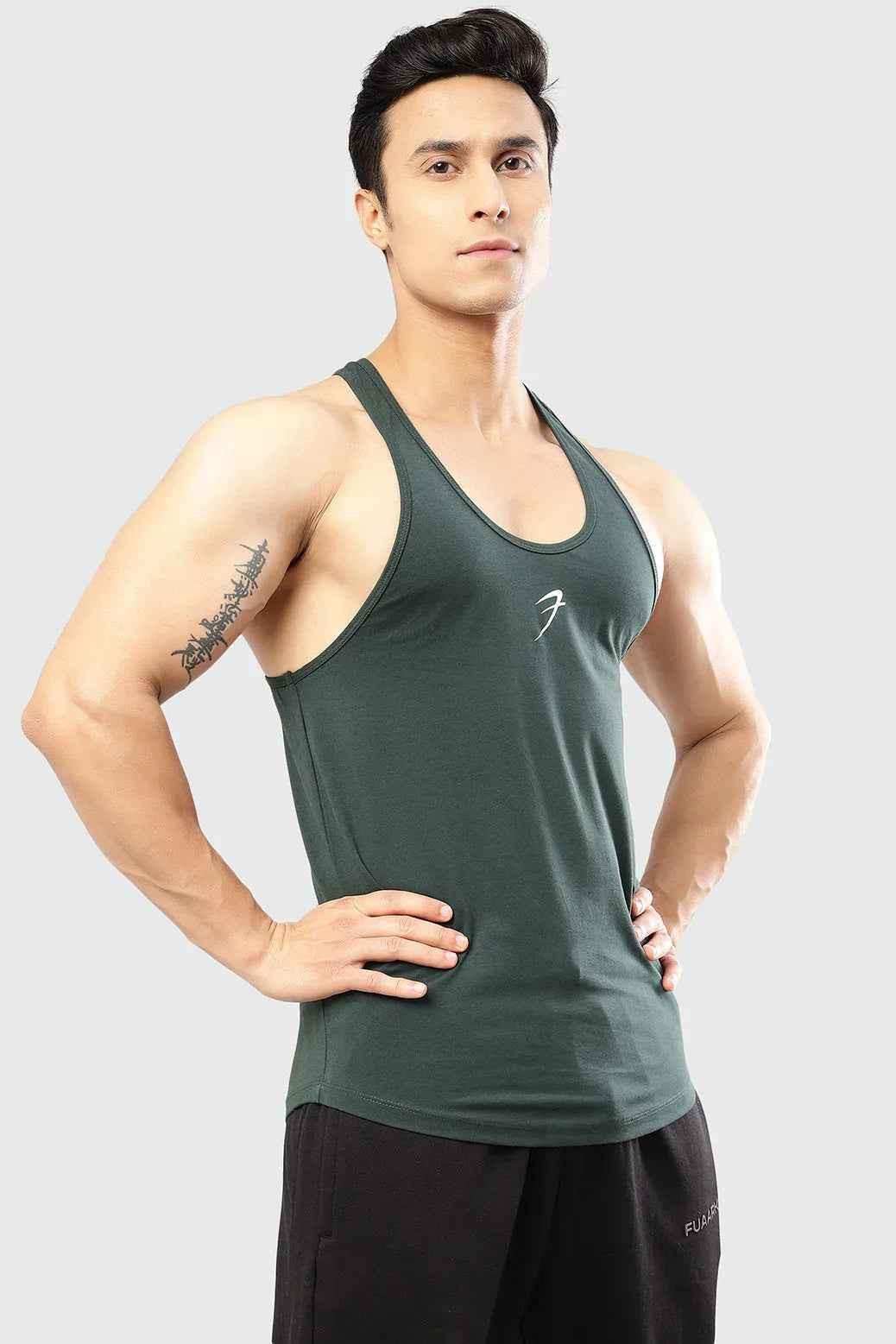 Fuaark Nz Legacy Stringer Tank Top in vibrant bottle green, sleeveless athletic design with slim fit style.