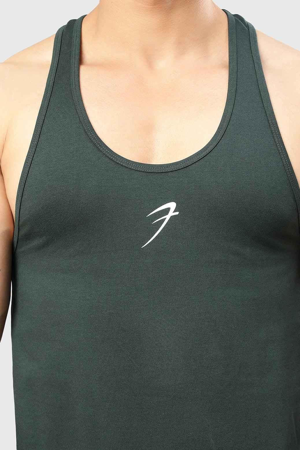 Fuaark Nz Legacy Stringer Tank Top in Bottle Green, fitted sleeveless athletic top with a scoop neckline and lightweight fabric.