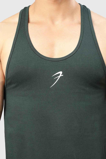 Fuaark Nz Legacy Stringer Tank Top in Bottle Green, fitted sleeveless athletic top with a scoop neckline and lightweight fabric.