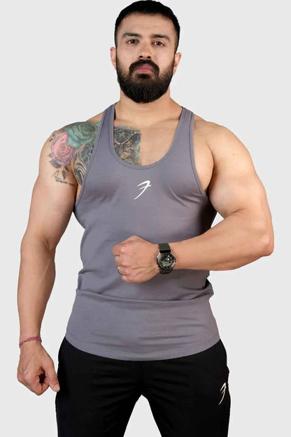 Grey Legacy Stringer tank top by Fuaark Nz, showing a fitted athletic sleeveless shirt with a rounded neckline.