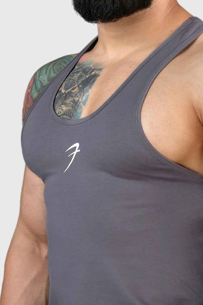 Grey Legacy Stringer tank top by Fuaark Nz, showcasing a fitted sleeveless design with subtle branding details.