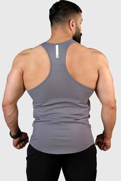 Gray Fuaark Nz Legacy Stringer tank top displayed on a mannequin, highlighting its slim fit and athletic style.