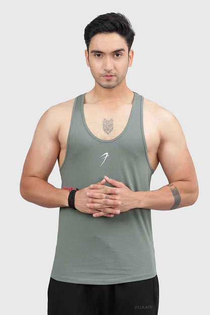 Men's sage green Fuaark NZ Legacy Stringer tank top for gym and training, featuring a sleeveless design and athletic fit.