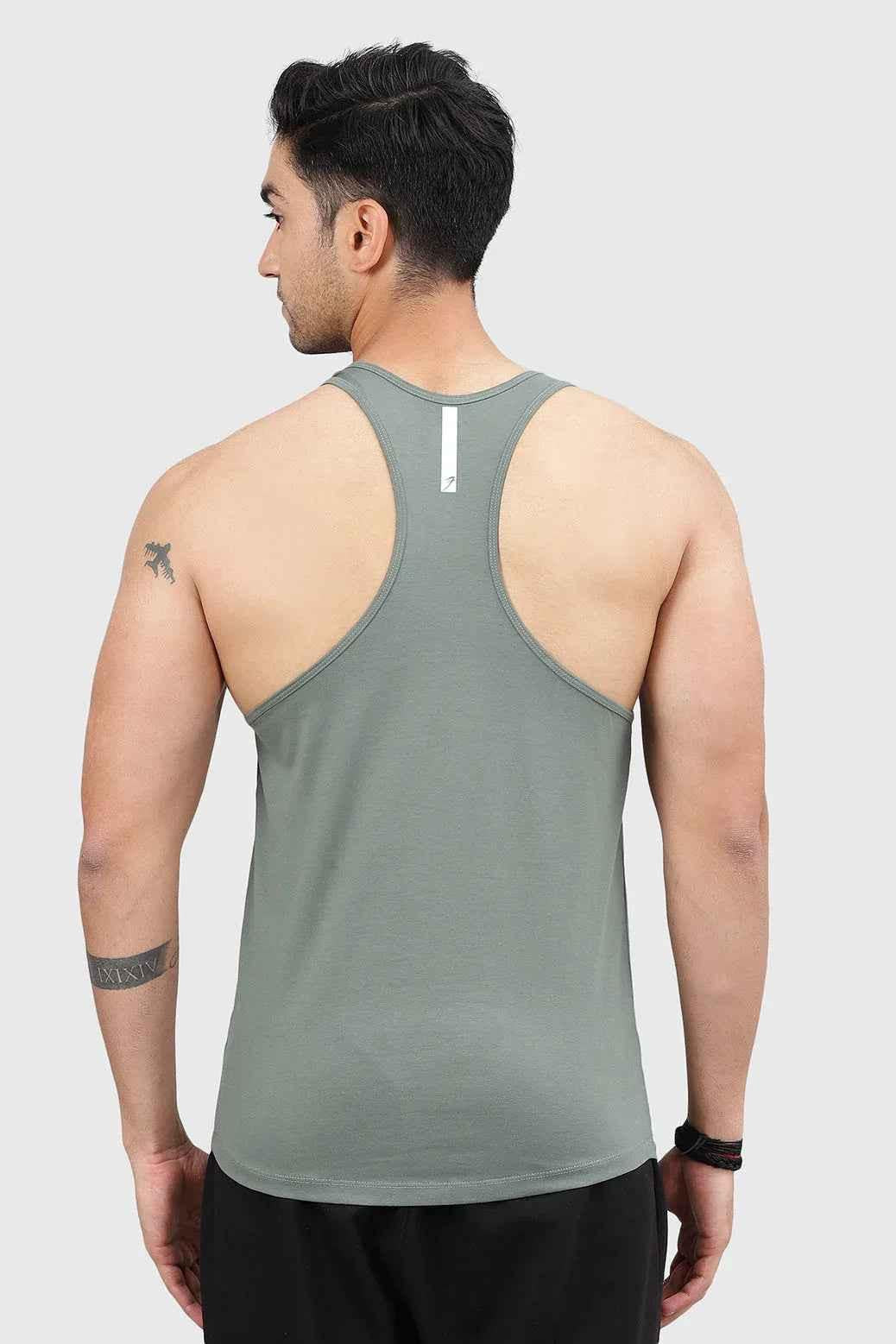 Men's Sage Green Fuaark Nz Legacy Stringer Tank top for gym and training, showcasing a sleeveless athletic fitness shirt.