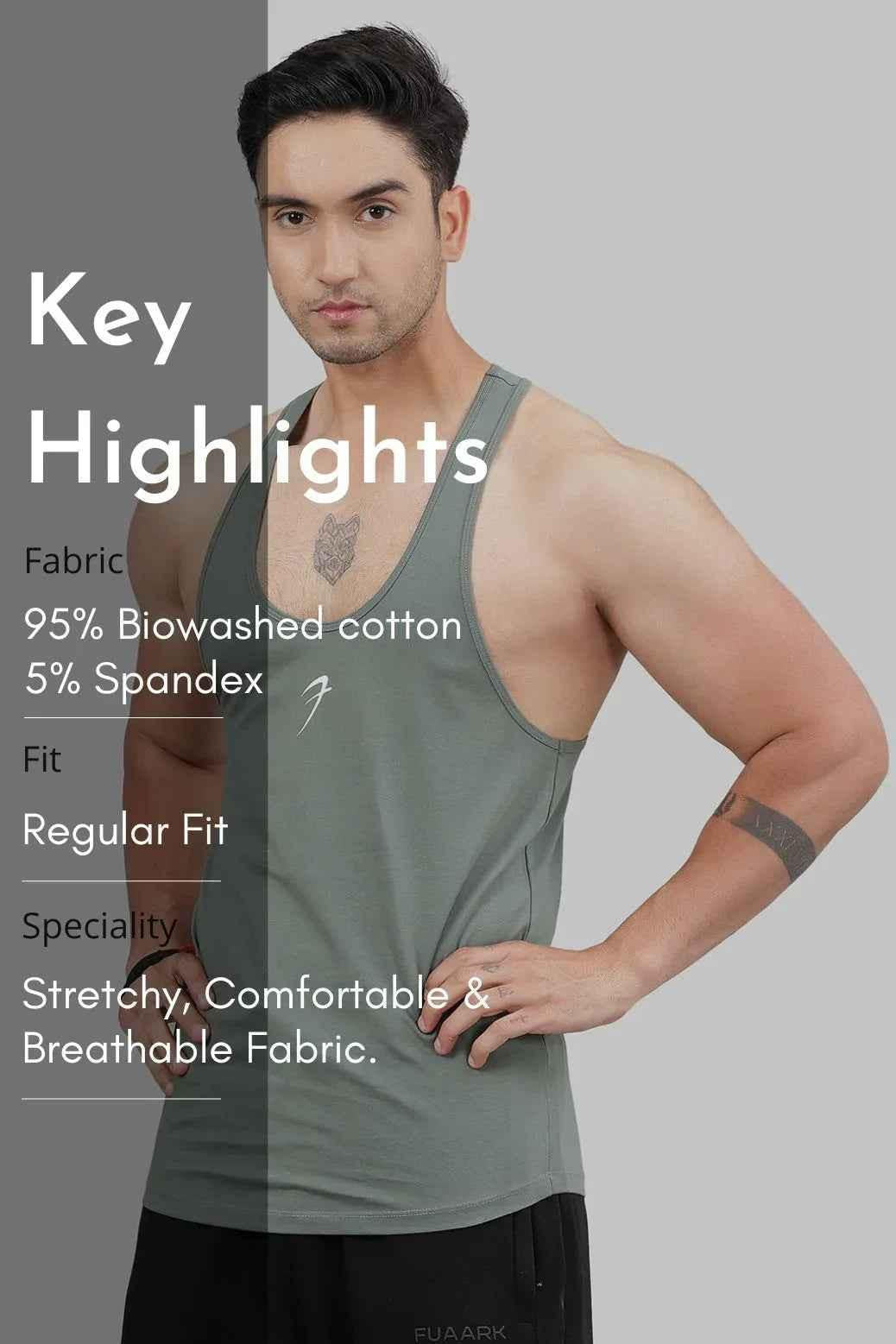 Men's sage green Fuaark Nz Legacy Stringer tank top, designed for gym and training, shown on a model.