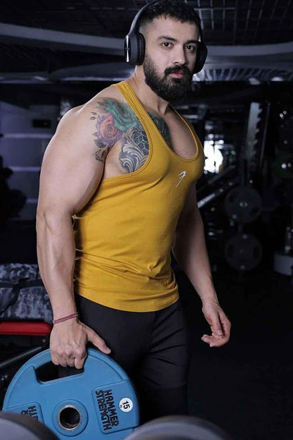 Fuaark Nz Legacy Stringer Mustard tank top featuring a fitted sleeveless design, casual style, in vibrant mustard color.