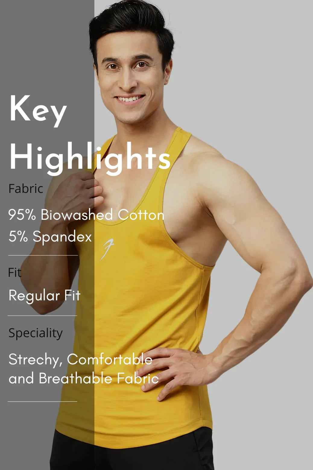 Fuaark NZ Legacy Stringer Mustard tank top, sleeveless men's fitness apparel, soft fabric with a fitted style and mustard color.