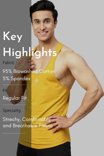 Fuaark NZ Legacy Stringer Mustard tank top, sleeveless men's fitness apparel, soft fabric with a fitted style and mustard color.