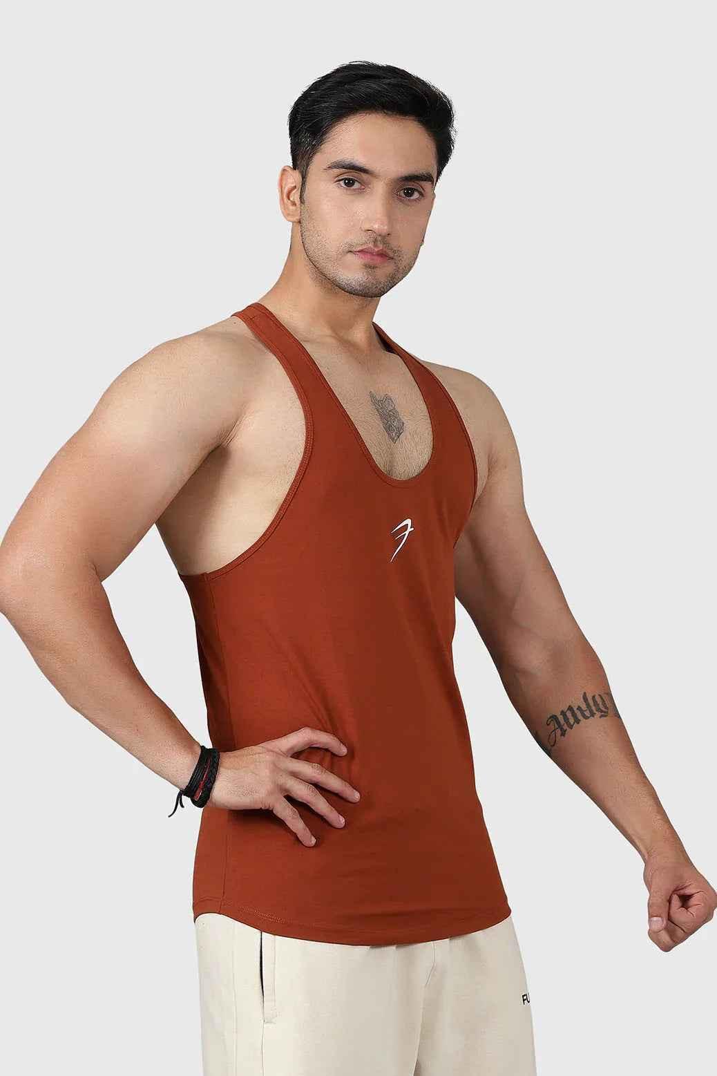 Brown Legacy Stringer Salsa Tank Top by Fuaark Nz showing a fitted sleeveless tank top with a sporty design and comfortable fit.