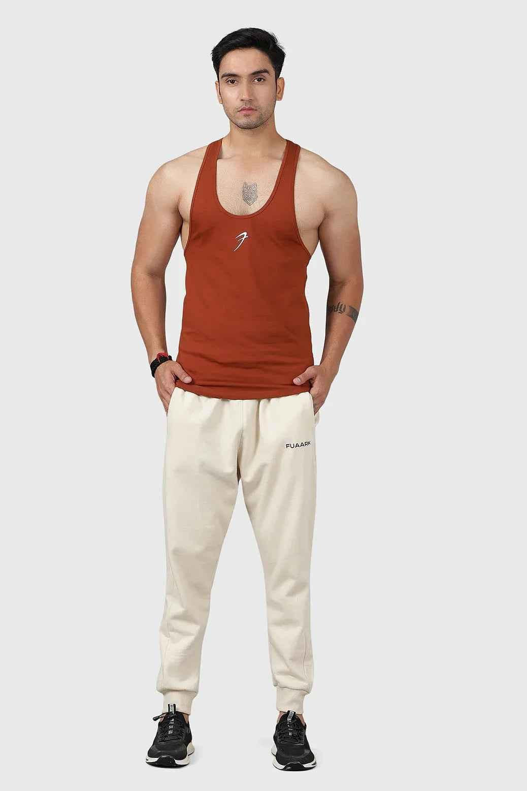 Fuaark Nz Legacy Stringer Salsa Brown Tank Top for men, casual sleeveless style, comfortable fit, suitable for active wear.