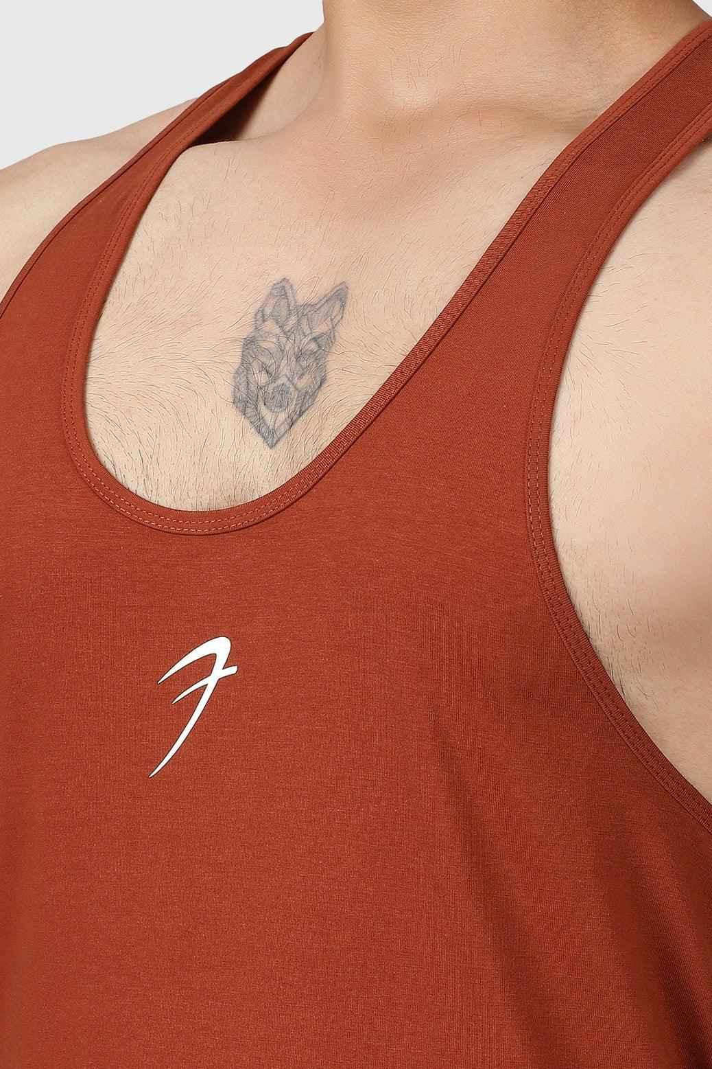Fuaark NZ Legacy Stringer Salsa Brown Tank Top for men, featuring a fitted design and comfortable fabric.
