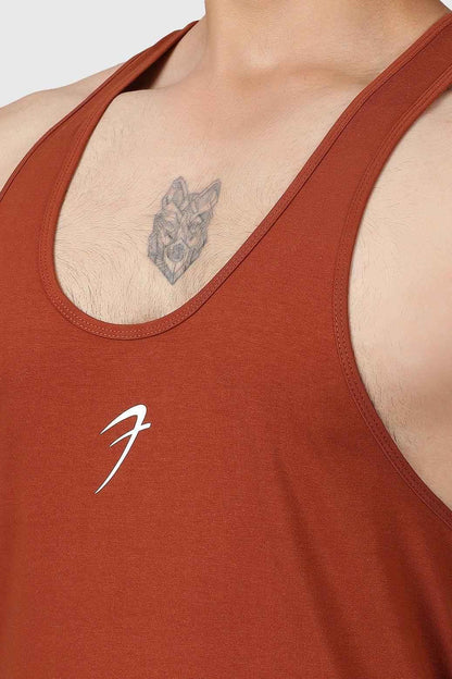 Fuaark NZ Legacy Stringer Salsa Brown Tank Top for men, featuring a fitted design and comfortable fabric.