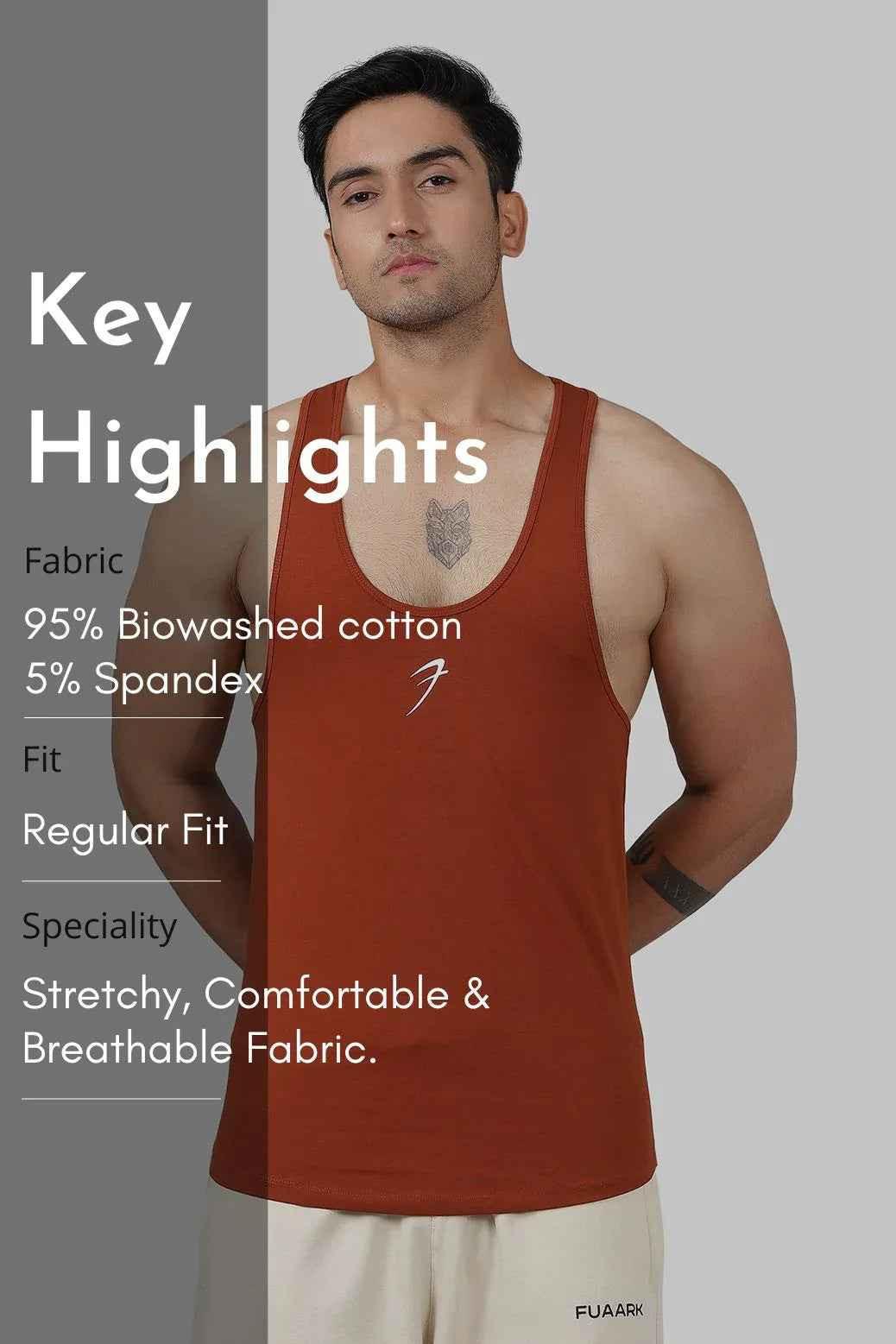 Fuaark NZ Legacy Stringer Salsa Brown Tank Top for men, showcasing a comfortable fit and stylish design.