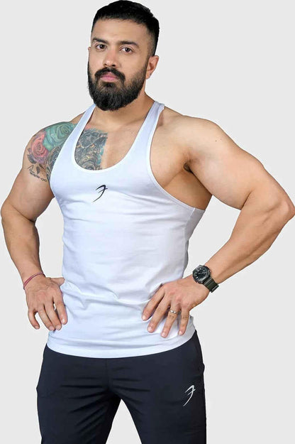 White Legacy Stringer tank top by Fuaark Nz, fitted sleeveless athletic shirt with a scoop neckline and lightweight fabric.