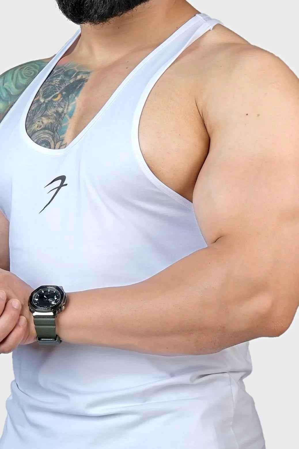 White Legacy Stringer tank top by Fuaark Nz, fitted sleeveless design for active wear and casual style.