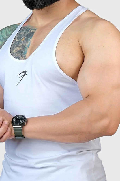 White Legacy Stringer tank top by Fuaark Nz, fitted sleeveless design for active wear and casual style.