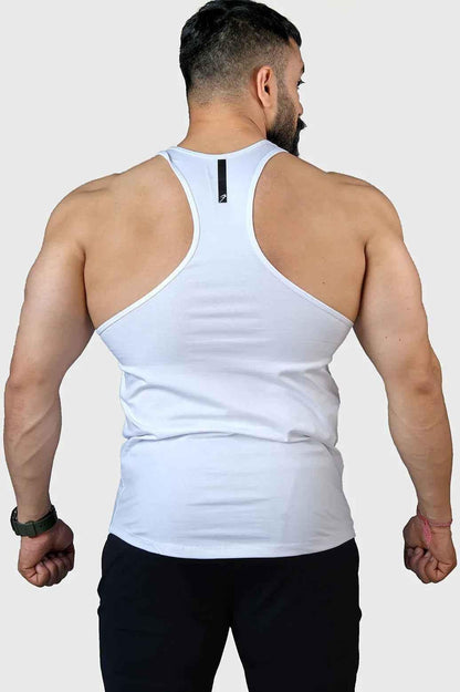 White Legacy Stringer tank top by Fuaark Nz, lightweight sleeveless athletic apparel with a fitted design.