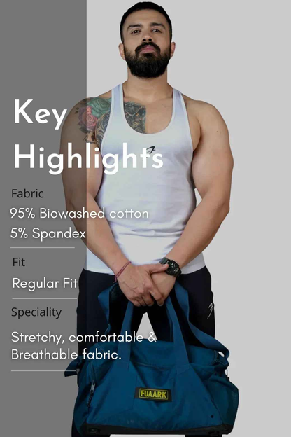 White Fuaark Nz Legacy Stringer tank top displayed flat, highlighting its slim fit and sleeveless design for athletic wear.