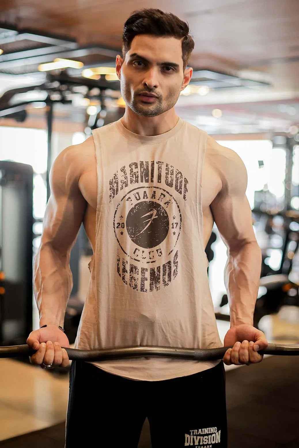 Beige Fuaark Nz deep arm tank top, stylish and comfortable sleeveless tank top for everyday casual wear.