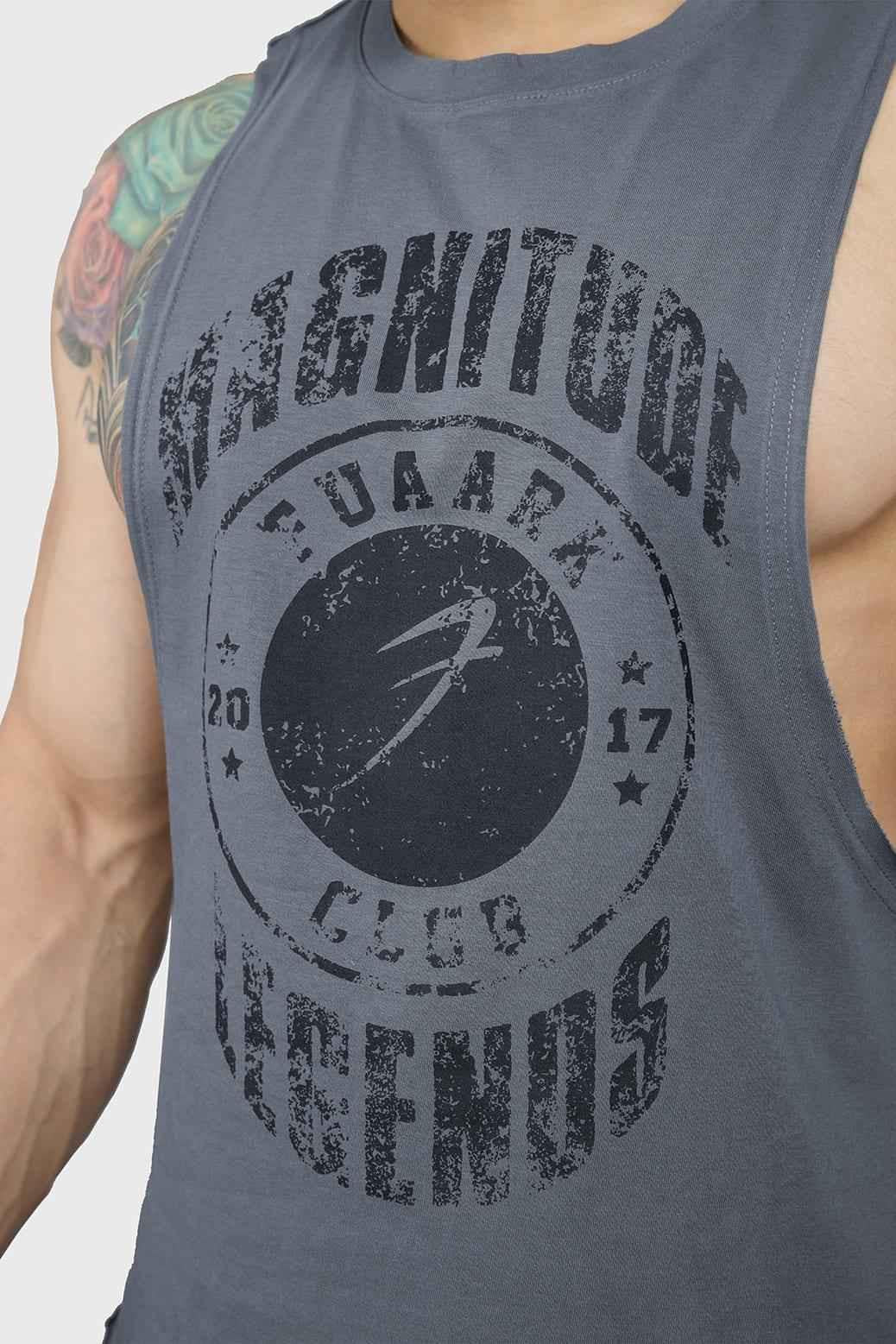 Fuaark Nz Magnitude Deep Arm Tank Grey, men's tank top with deep armholes, casual sleeveless design in grey fabric.