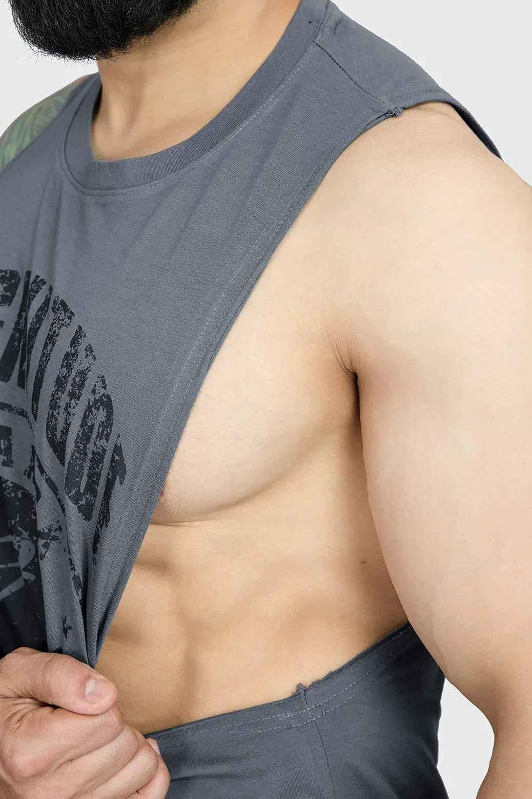 Fuaark Nz Magnitude Deep Arm Tank Grey, men's sleeveless tank top with deep armholes, casual fit, soft fabric.