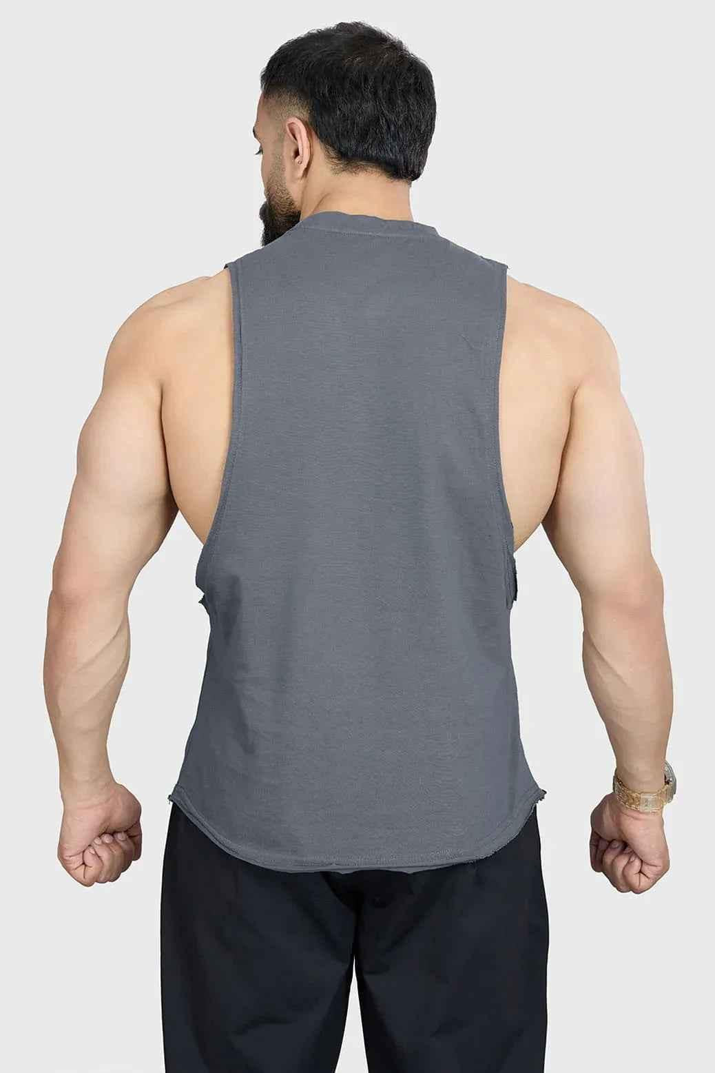 Fuaark Nz Magnitude Deep Arm Tank Grey, men's sleeveless tank top with deep armholes, casual fitness style.