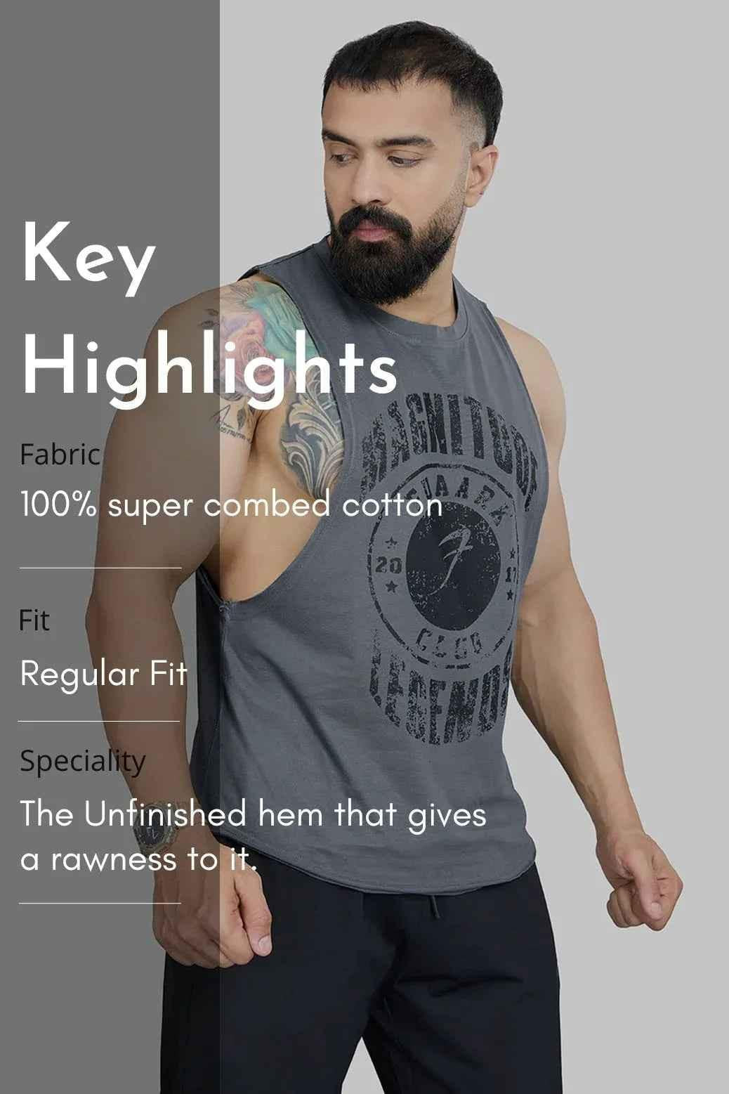 Fuaark Nz Magnitude Deep Arm Tank Grey, men's sleeveless tank top with deep armholes, casual fit, soft grey fabric.