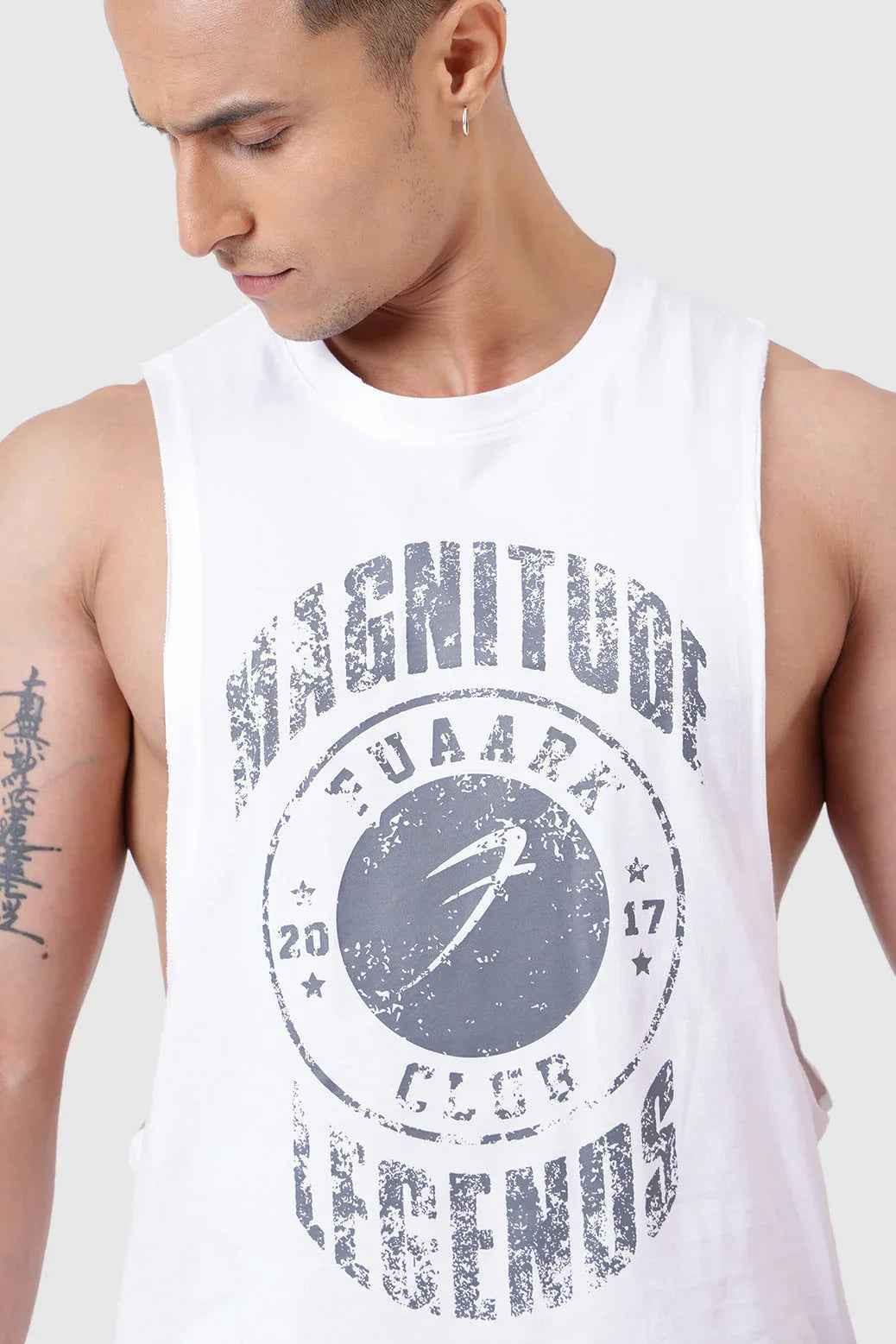White Fuaark Nz Magnitude Deep Arm Tank Top for men, featuring a sleeveless design and comfortable fit.