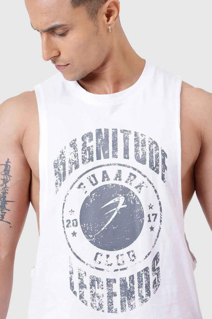 White Fuaark Nz Magnitude Deep Arm Tank Top for men, featuring a sleeveless design and comfortable fit.