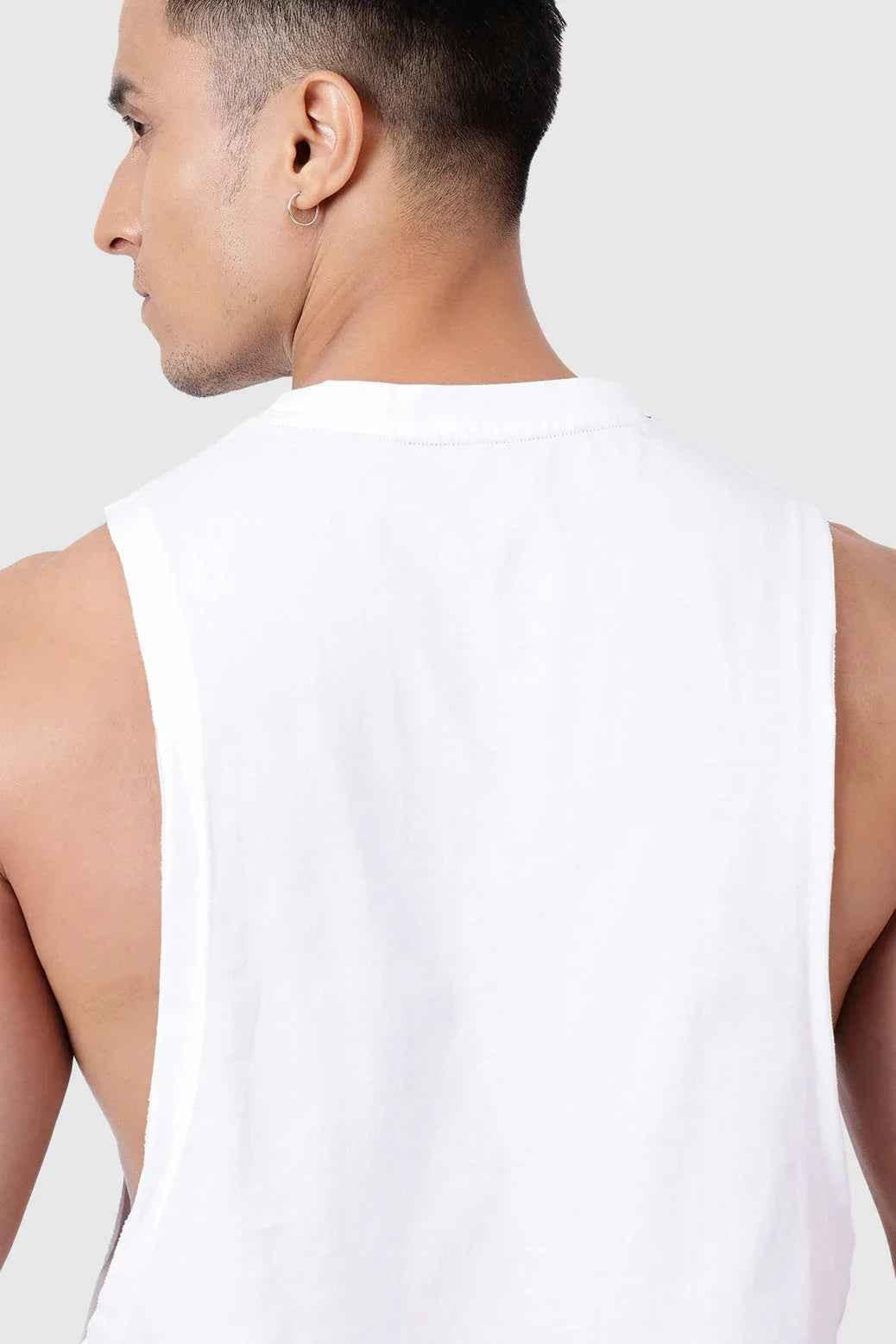 White Fuaark Nz Magnitude Deep Arm Tank Top, sleeveless casual tank shirt for men or women.